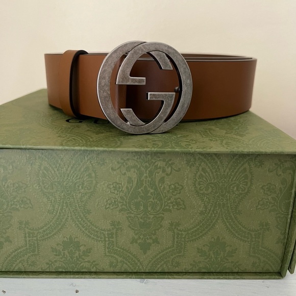 NEW GUCCI 546389 INTERLOCKING LEATHER BELT BROWN - SIZE 90/36 $550 - Picture 2 of 7